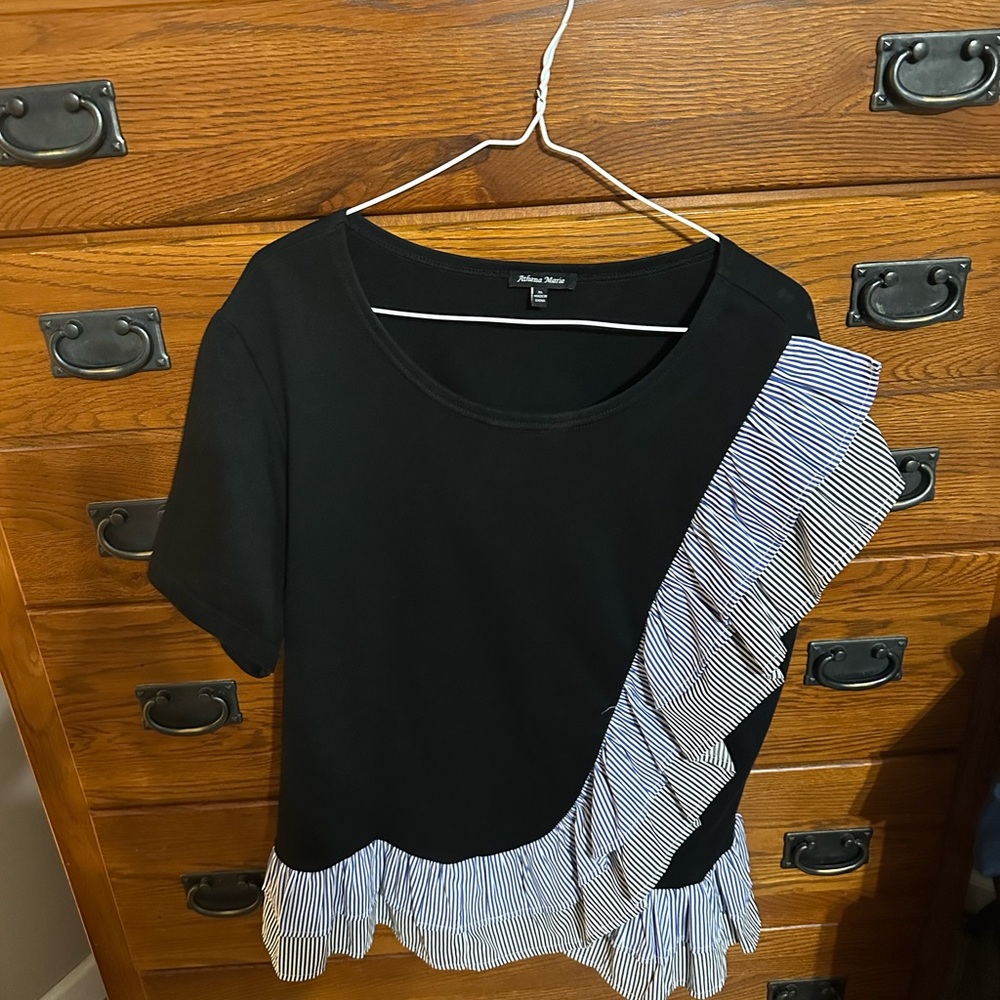 Black Short-Sleeve Top with Blue-White Striped Ruffle